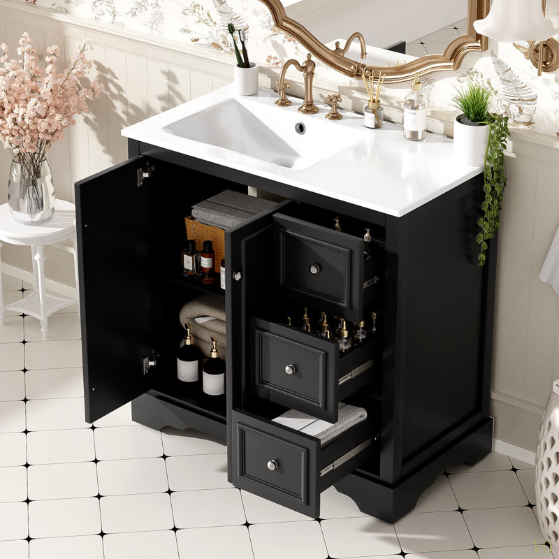 Meuble-lavabo transitionnel 36 po avec lavabo en céramique de 36 po - Comprend 2 portes à fermeture en douceur, une tablette réglable en forme de U, 3 tiroirs (dont un avec séparateur), une finition peinte et un grand espace de rangement