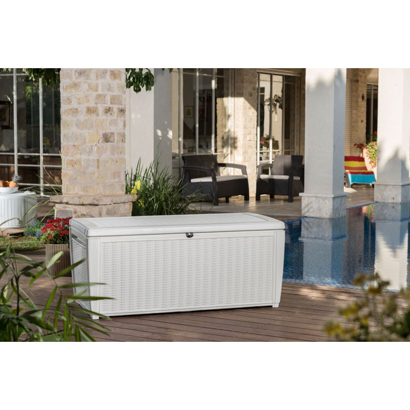White Large Resin Wicker Lockable Deck Box