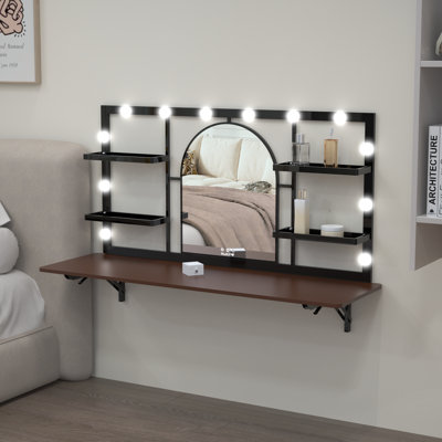 Wall-Mounted Vanity Table 45.2"W x 14"D x 28.5"H Metal Frame with Wood Tabletop 1-Piece Floating Makeup Desk with Arched Mirror Black Foldable Height Adjustable Dimmable LED Lights