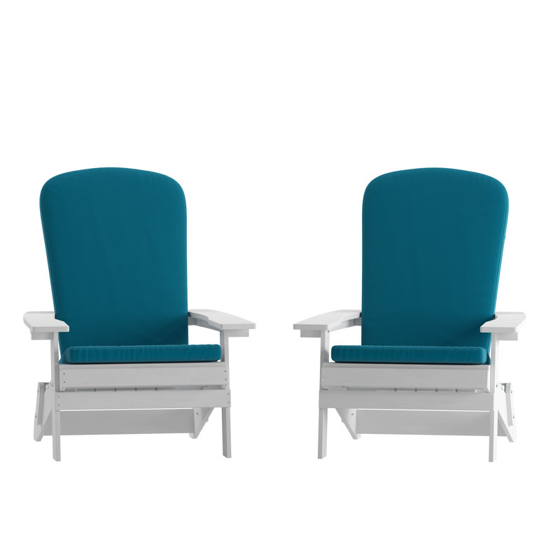 Chaises Adirondack pliantes intérieures / extérieures avec coussins Rangins, Blanc / bleu sarcelle