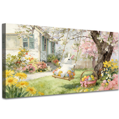 Lapin de Pâques sur toile Swing, peinture mignonne de lapin et œufs, impressions florales de printemps rétro