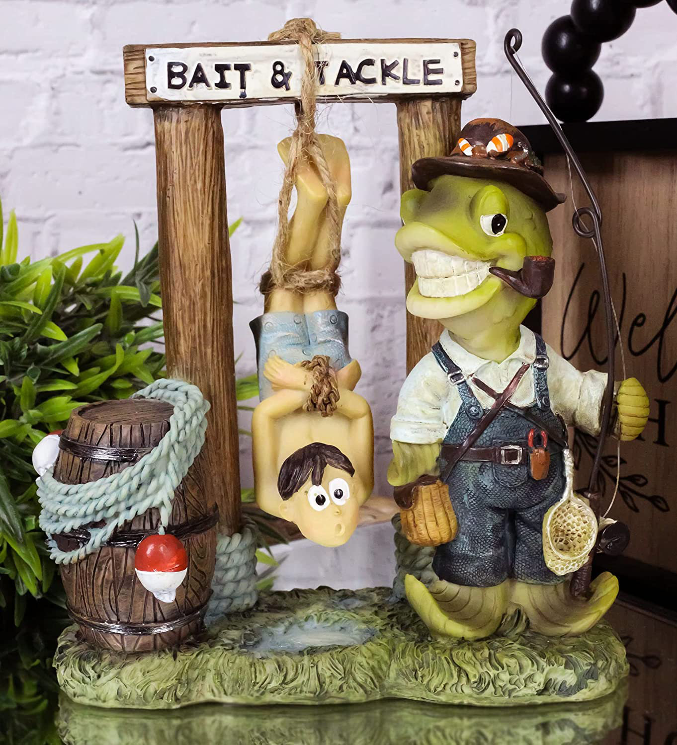 Trinx Whimsical Bait and Tackle Station by Wharf Getty Sea Bass Fish with Fishing Pole Capturing Tied Up Fisherman Figurine Funny Comical Animated SCU