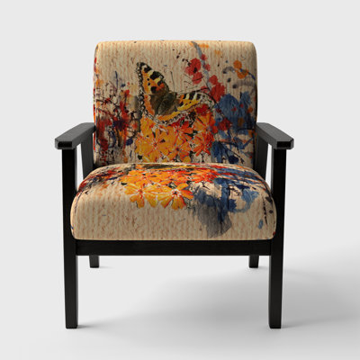 Magiera - Buttlerfly In Watercolor Painting - Velvet  Upholstered Floral Accent Arm Chair