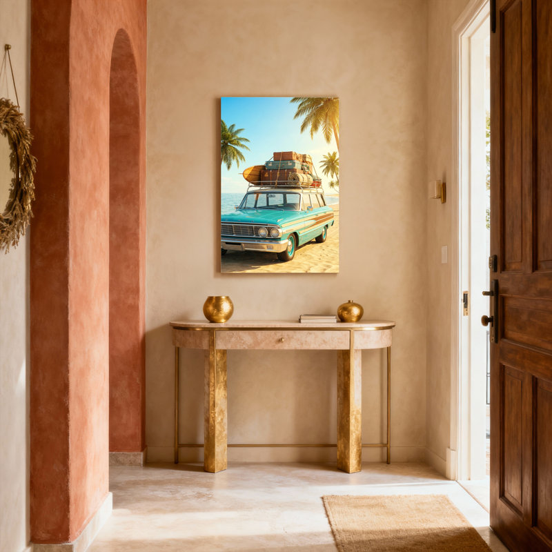 Ensemble de 1 tableau sur toile tendue représentant une scène de plage avec une voiture d'époque, H 40 po x l 28 po