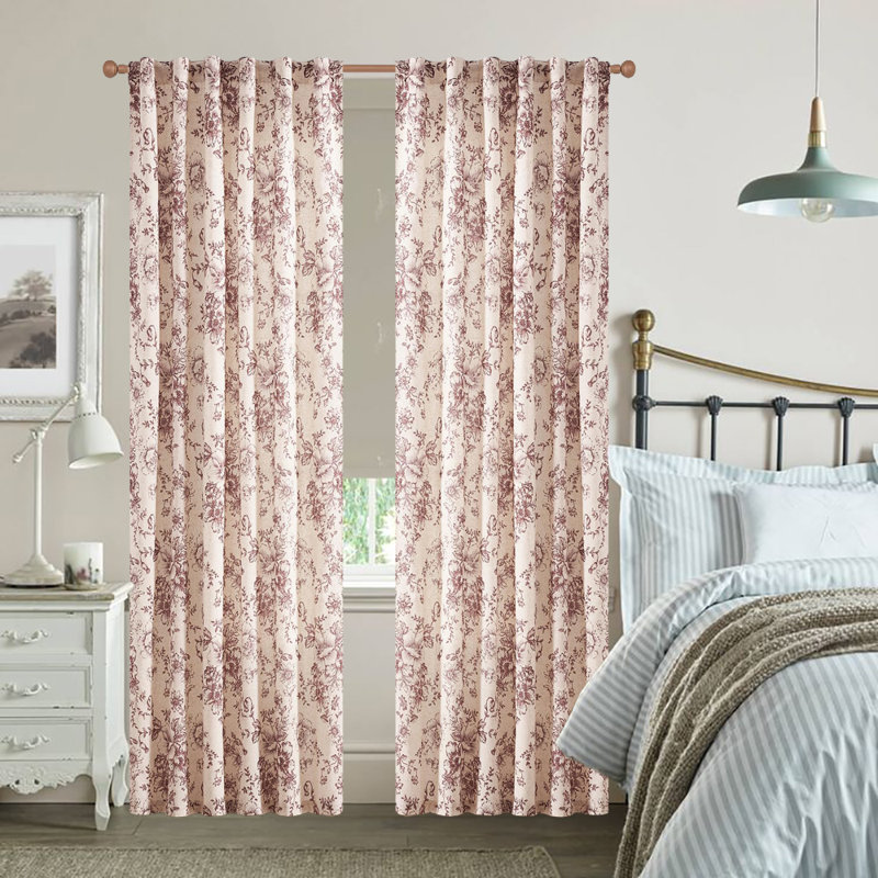 Linen Blend Curtains, Floral,  Back Tab / Rod Pocket, 2 Panels Set, 50" W x 84" L