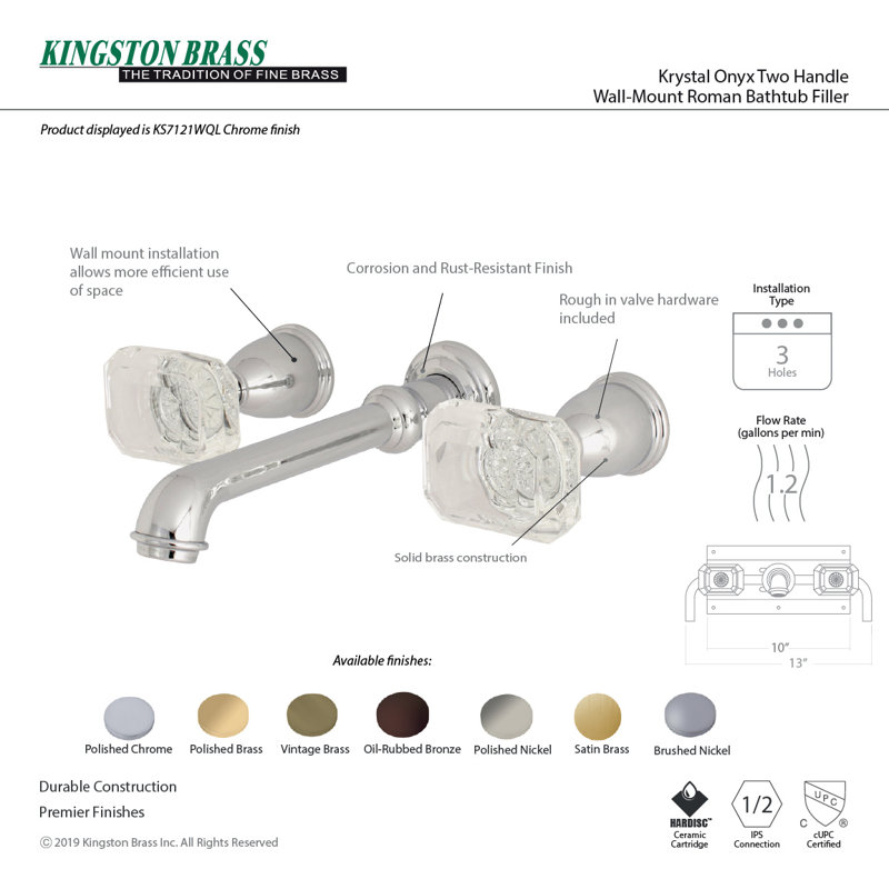 Kingston Brass Krystal Onyx Two-Handle 3-Hole Wall Mount Bathroom Faucet, Oil Rubbed Bronze