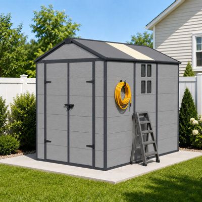 6' x 8' Outdoor Resin Storage Shed, Weatherproof Resin Tool Storage Shed with Lockable Door, Windows & Skylight, All-Weather Shed for Backyard Patio,