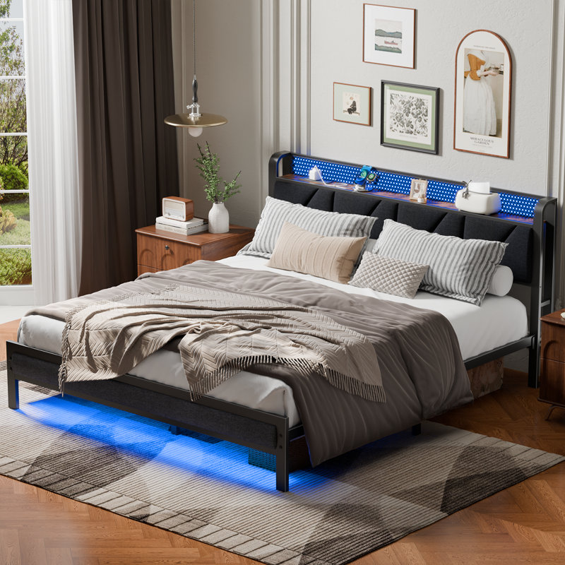 Metal Storage Bed with Upholstered Headboard, RGB LED Lights and Charging Station, King