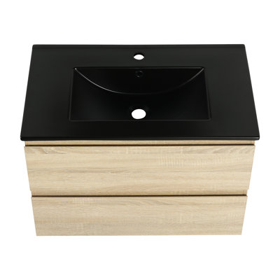 Armoire de salle de bain 30 po avec vasque en céramique noire. 2 tiroirs à fermeture en douceur, chêne. Lavabo de meuble-lavabo élégant, tiroirs. Chêne, décor moderne