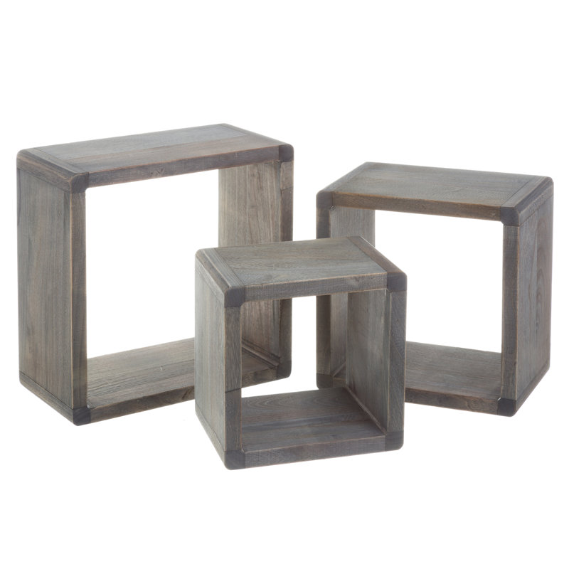 Martha 3 Piece Square Solid Wood Floating Shelf, Grey, 12cm H x 30cm W x 30cm D