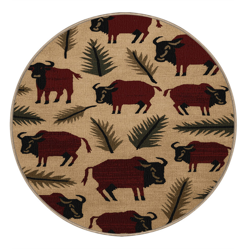 Washable Forest Buffalo Wildlife Area Rug, Round 8'