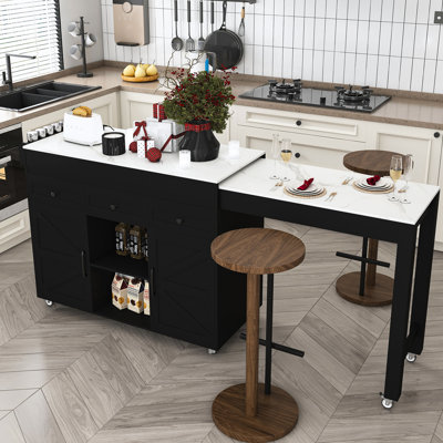 74.8" Kitchen Island With Extendable Table, Marble Veneer Top, 3 Drawers, Cabinet & Mobility Features For Dining Built-In Power Outlet, Drawers Cabinet, Mobile Storage Cart Room, Black Finish