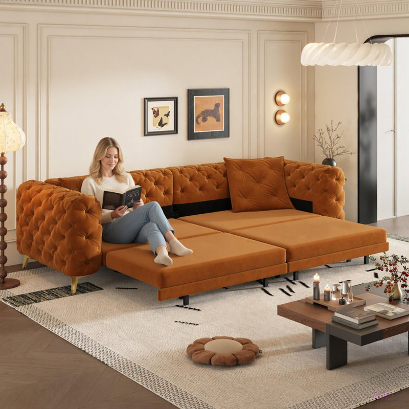 Canapé-lit convertible 3 en 1 de 248 cm (97,7 po), profondeur d'assise de 72 cm (28,4 po), canapé-lit gigogne moderne rembourré, canapé 4 places avec pouf amovible pour appartement, bureau, chambre