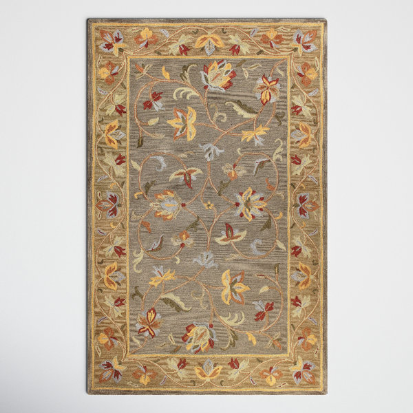 Birch Lane™ Evers Floral Handmade Tufted Wool Gray/Yellow/Red Area Rug ...