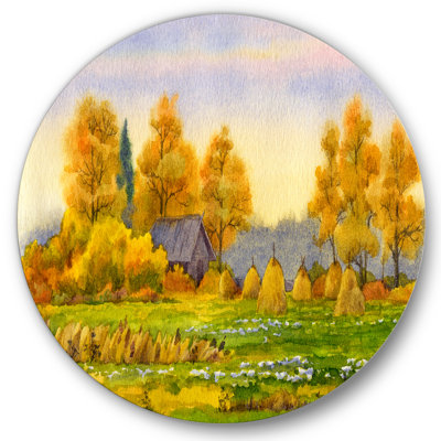 Haystacks On Orange Fields II - Lake House, cercle métallique, art mural