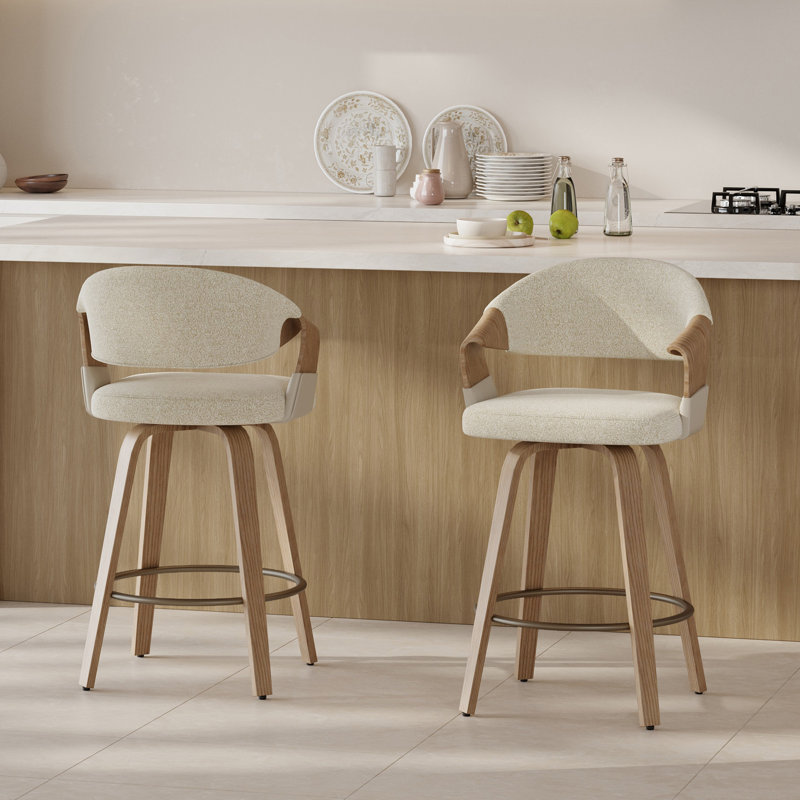 Mid-Century Modern Swivel Counter Stool With Bentwood Frame, Beige