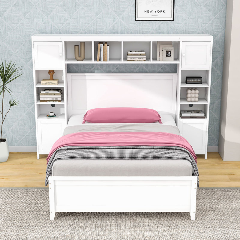 Lit double en bois 4 tiroirs avec armoires et tablettes, Blanc