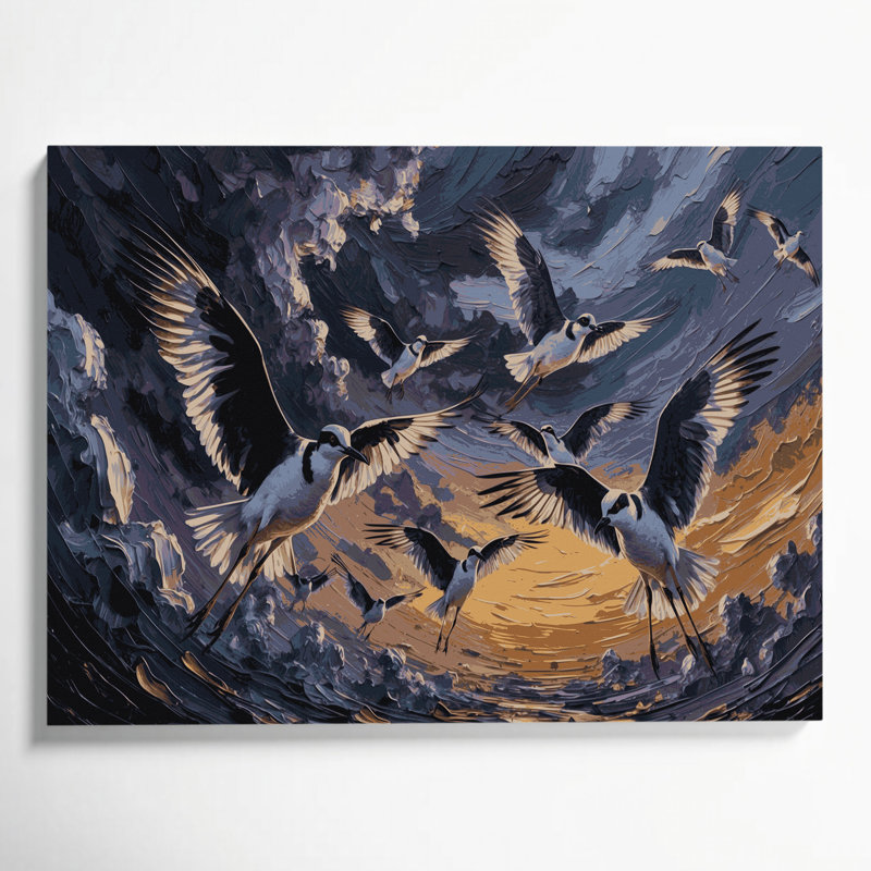 Oiseaux sur toile grise, H 24 po x l 36 po