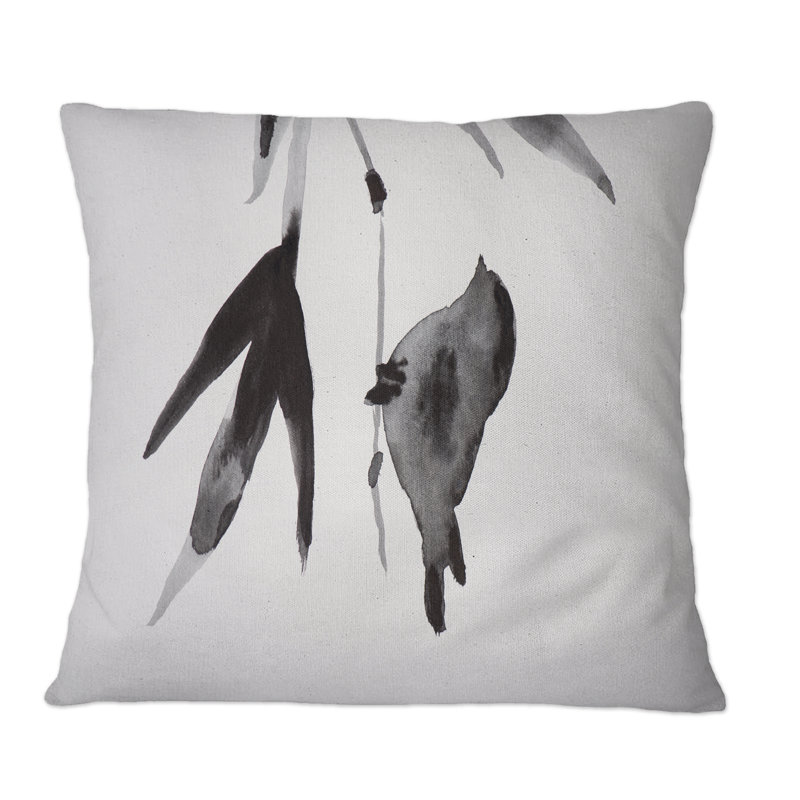 Oiseau japonais rétro sur une branche - coussin décoratif imprimé traditionnel, 16 po x 16 po