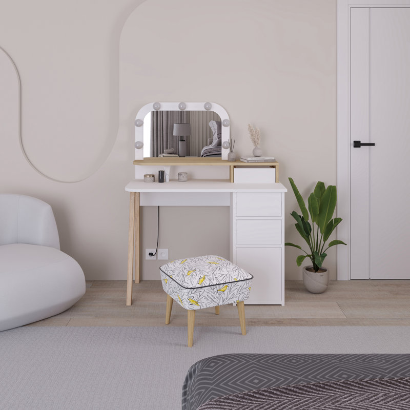 Camryne Dressing Table with Mirror, White/Sapphire Oak