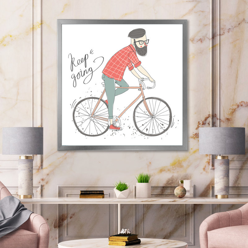 Hipster Man On A Bicycle - reproduction d'art sur toile encadrée, H 30 po x l 30 po x P 1 po, Encadrement argenté
