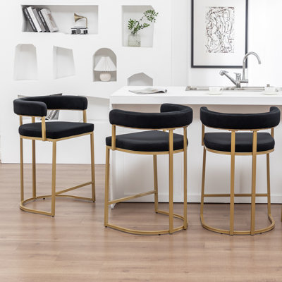 Ensemble de 3 tabourets de bar dorés à hauteur de comptoir, tabourets de bar modernes en velours avec dossier de baril, tabourets de comptoir rembourrés de 26 po pour îlot de cuisine, salle à manger, café, pub