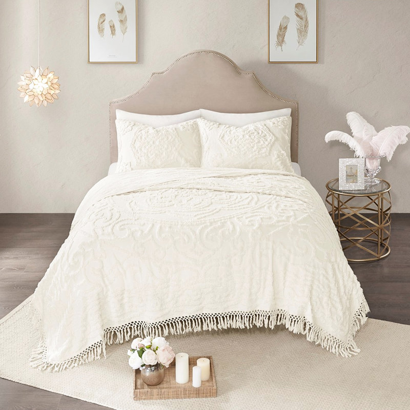 Couvre-lit à médaillon en coton chenille, Housse de couette très grand et 2 taies, Blanc cassé