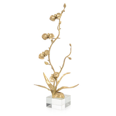 Sculpture florale en flèche sur base de cristal, laiton