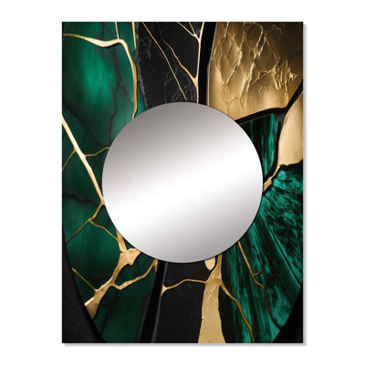 Phila Abstract Geode Gold I - Marble Mirror, Green Unique Wall Mirror, Printed Metal Art