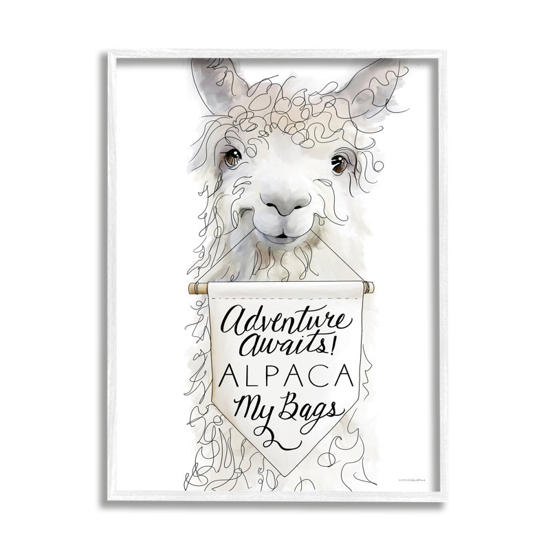 «Adventure Awaits Alpaca» par Kamdon Kreations, L 16 po x H 20 po, Giclée encadrée blanc bord de mer