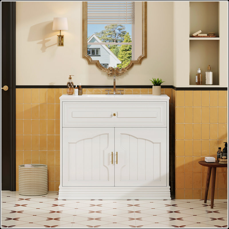 Meuble-lavabo luxueux de 36 pouces avec lavabo en céramique, portes à fermeture douce et cadre en bois massif pour un rangement élégant