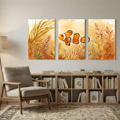 Animaux, aquarelle, poisson clown, corail, ensemble de 3 impressions sur toile
