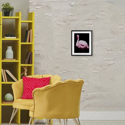 Contrasting Flamingo on Black Framed Print Under Glass, design by James Corwin