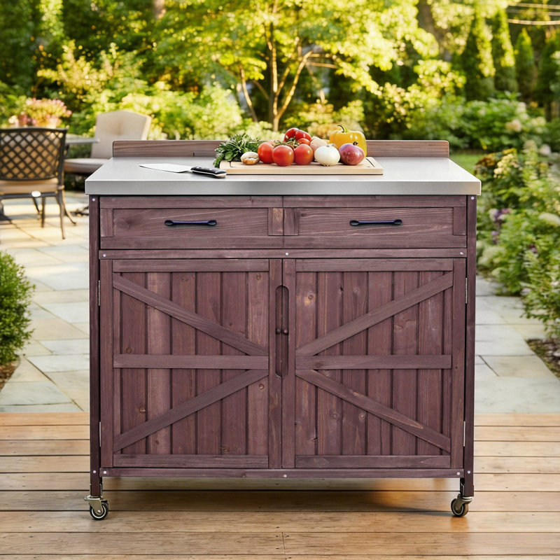 39.4" Outdoor Kitchen Island With Stainless Table Top, Dark Brown