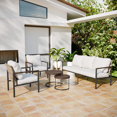 Outdoor 5-Person Seating Group Patio Metal Conversation Set with Wicker Backrest & Wood Grain Armrest, Nesting Tables