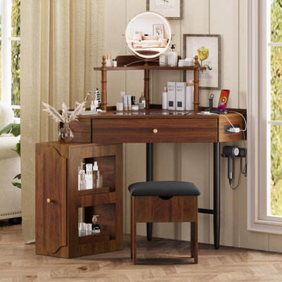 Glamora 3-Piece Modern Corner Vanity Desk Set with Glass Top Charging Station and Jewelry Organizer