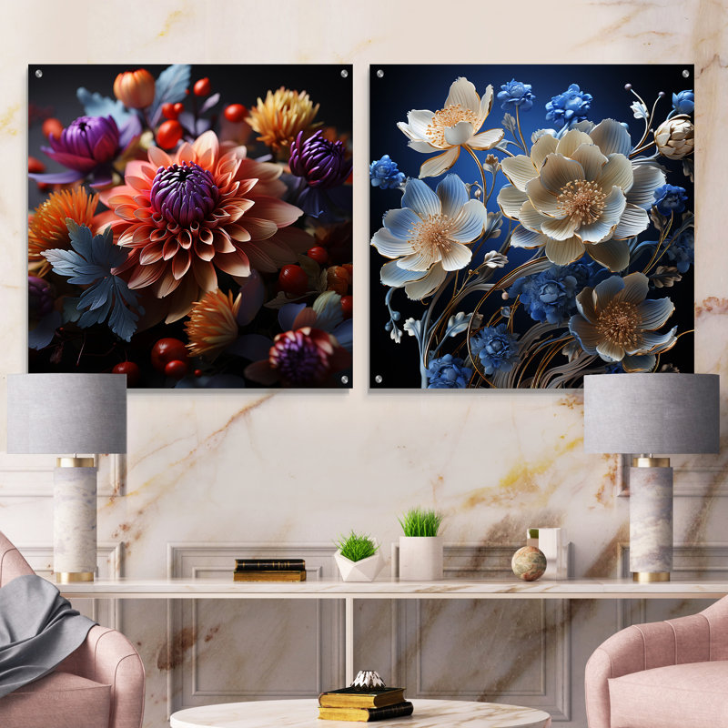 Ensemble de 2 fleurs murales en acrylique Neon Flourish, H 16 po x l 33 po