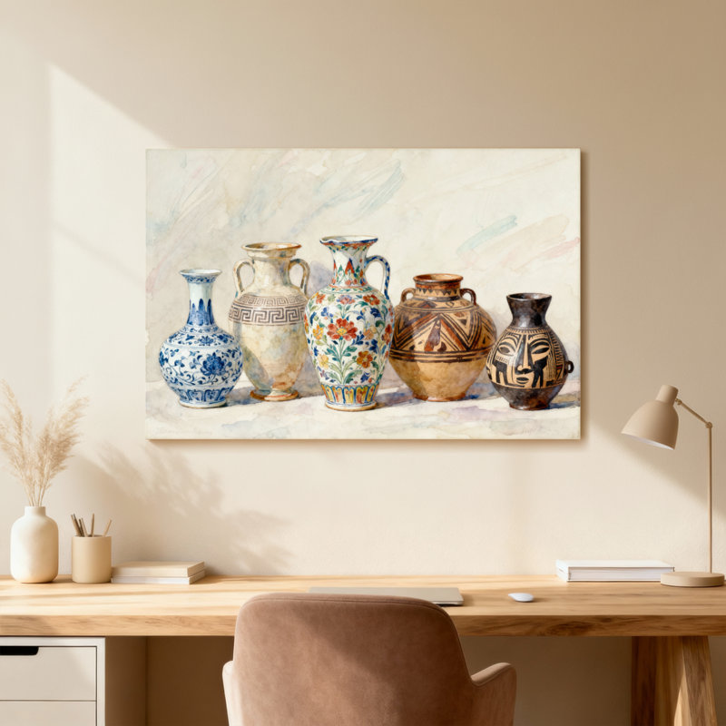 Vases disposés en rangées avec divers motifs, H 16 po x l 24 po, Toile tendue, Ne s’applique pas