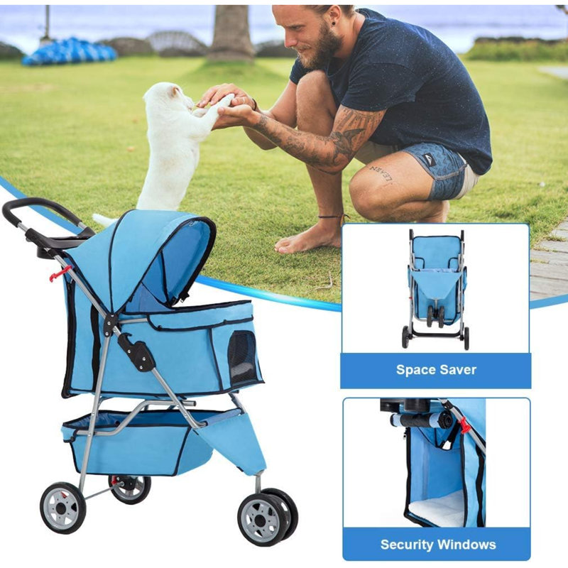Blue 3-Wheel Folding Pet Stroller for Dogs