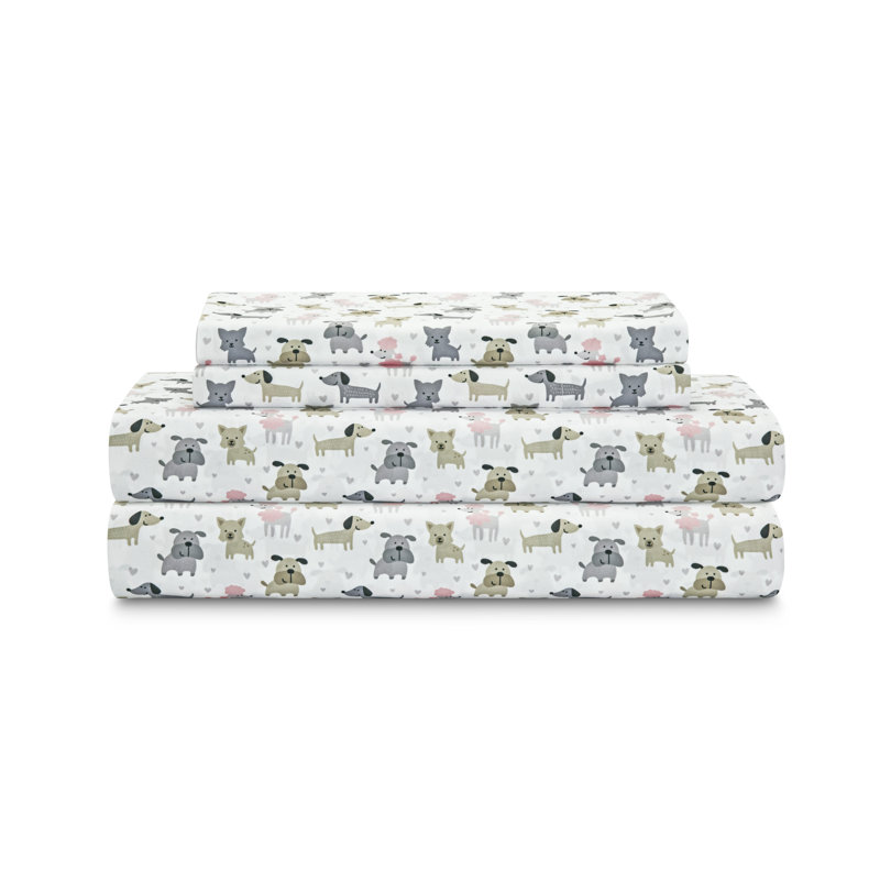 Whimsical Puppy Print White Microfiber Full Sheet Set
