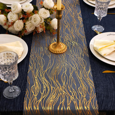 2pcs Gold Wave Table Runner, 11×108 Inch Golden Metallic Sparkle Lines Mesh Table Runners, Lightweight Gold Party Decorations for Mothers Day, Wedding, Birthday, Christmas, Party Dinner