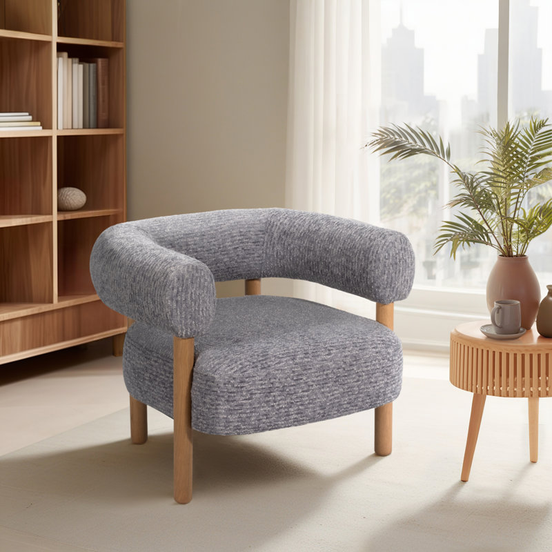 Chaise d'appoint arrondie avec pieds en bois, Tissu gris, Brun