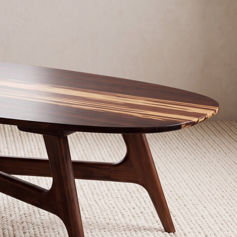 Table basse moderne du milieu du siècle en bois massif avec incrustation à rayures du Bengale - Sarah