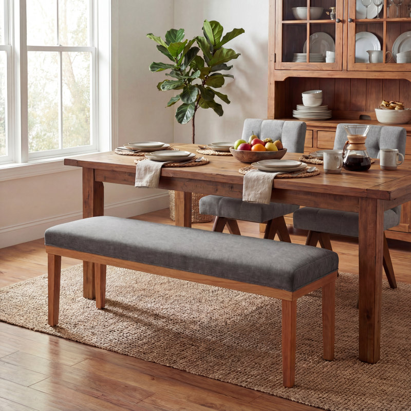 Banc de chaises de salle à manger moderne de 53 po, siège rembourré en tissu avec structure en bois massif pour table de cuisine, coin-repas et café, gris