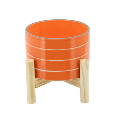 Glossy Ceramic Outdoor Planter on Stand for Indoor Home Decor - Modern Contemporary Flower Pot for Living Room or Patio - Orange