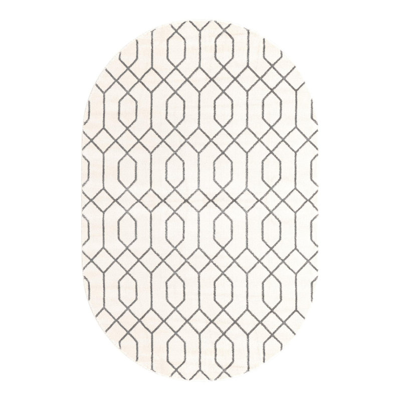 Glam Geometric White Silver Area Rug, Oval 5'3" x 8'