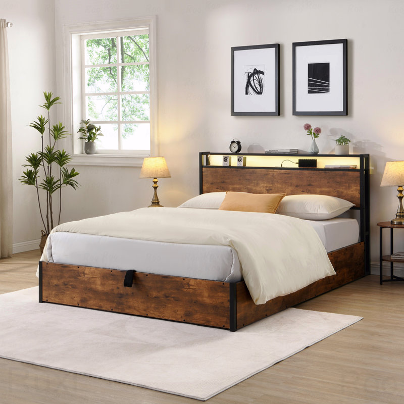 Wooden Platform Bed Frame, Lift Storage, Bookcase, LED, Charging