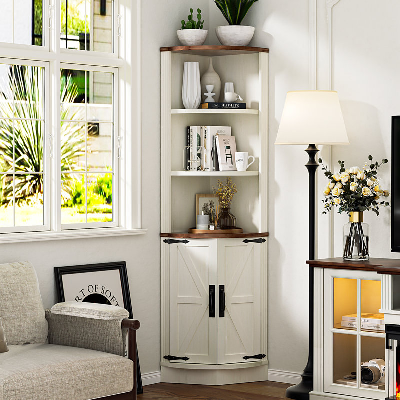 Corner Cabinet With Barn Door Design, White/Brown
