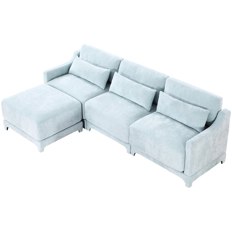 Chenille bleu ciel à trois places avec chenille usée, repose-pieds assortis et ensemble de sièges confortables avec coussins en éponge à haute résilience, conception moderne à deux meubles