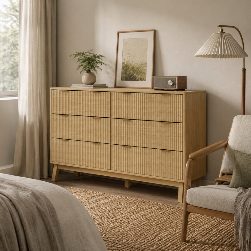 Armoire de rangement pour chambre à coucher en bois massif, six tiroirs avec deux petits tiroirs, façades de tiroirs encastrées avec poignées dorées et cinq pieds de support en bois massif.